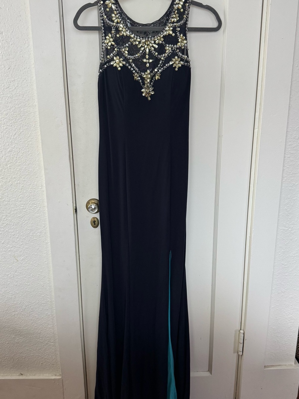 Betsy & Adam Embellished Navy Blue Evening Gown with Jewel Neckline